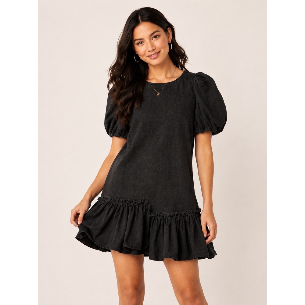 TCEC Washed Black Cotton Puff Sleeve Ruffle Drop Hem Mini Dress S CD02190